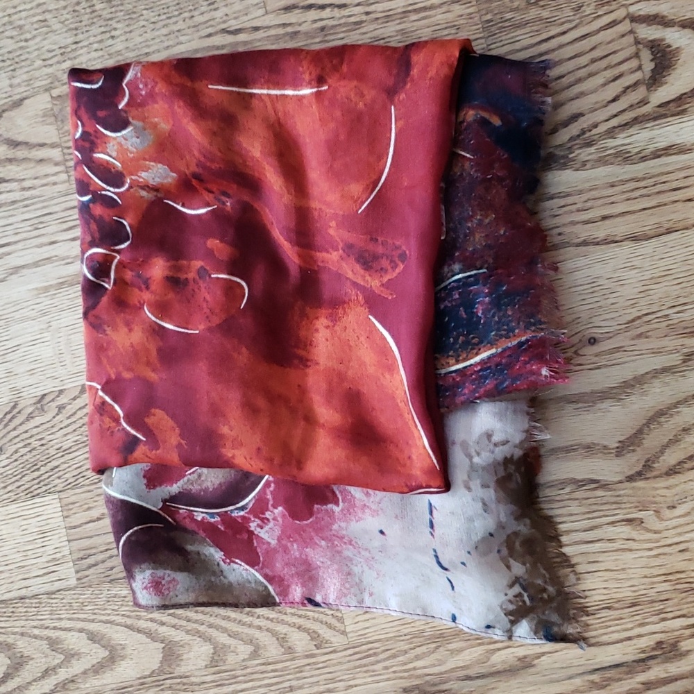 (OS) Metallic Floral Abstract Art Deco Fringe Long Scarf Slightly Sheer Staple